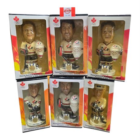 6 Olympic Canadian Hand Painted Bobble Head Hockey Dolls, In Original Boxes