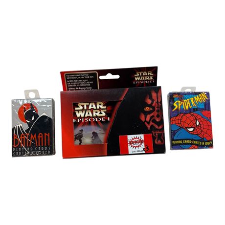 3 Sealed Sets Of Playing Cards, Spiderman, Batman, Star Wars Episode 1