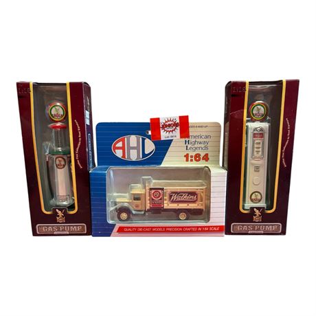 2 1:18 Die Cast Metal Gas Pumps & Ahl 1:64 Mack Model B M, In Original Boxes