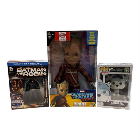 Assorted Collectibles, Snowball Funko Pop, Batman VS Robin Blu-Ray, Groot Figure