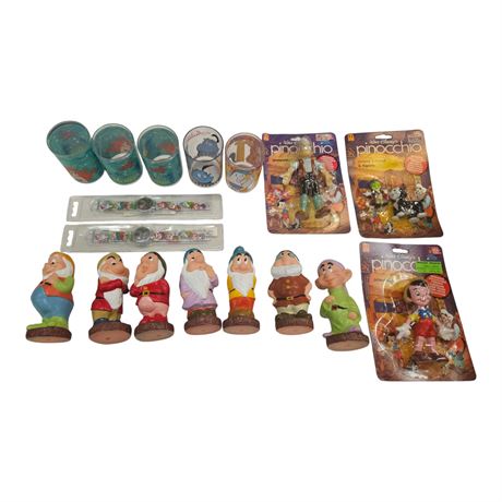 Assorted Vintage Disney Collectibles, 7 Dwarves, Pinocchio Bendable Figures, etc