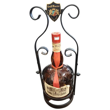 Vintage Empty Grand Marnier Texas Mickey Bottle, In Raw Iron Stand