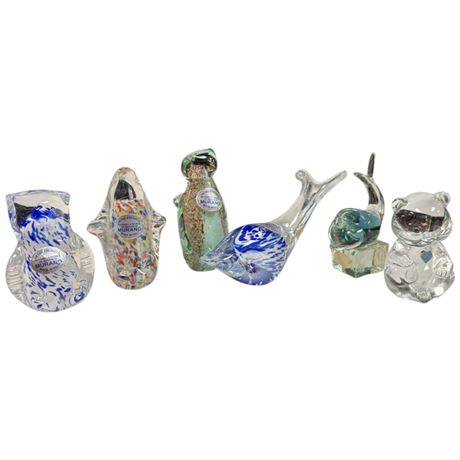 5 Figural Murano Art Glass Figurines & 1 Fenton Art Glass Bear
