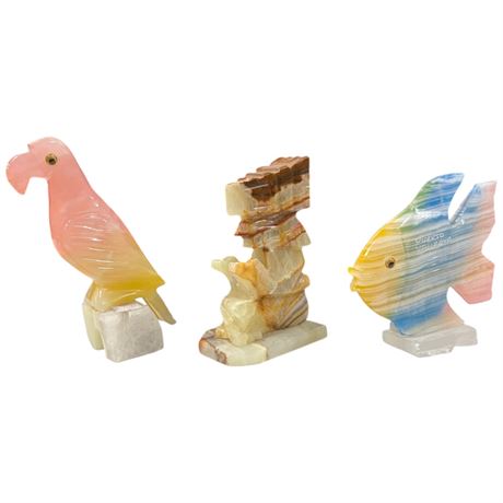 3 Carved Onyx Marble Sculpture, Fish, Parrot & Aztec