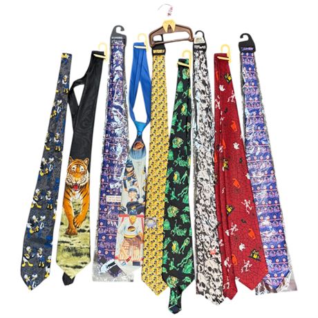 9 Assorted Vintage Novelty Ties With Mini Tie Hanger