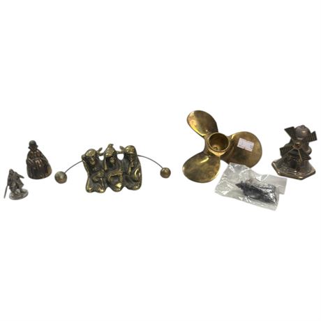 Assorted Vintage Brass Collectibles, Propellor, Windmill, Monkeys, Etc..