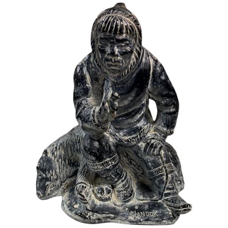 Large Hand Carved Eskimo Soapstone Sculpture, Signed Nanook