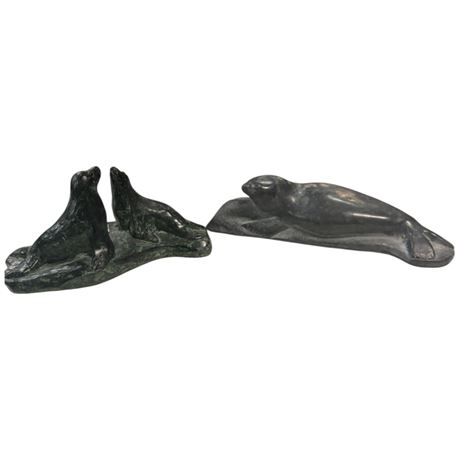 2 Hand Carved Seal Soapstone Sculptures