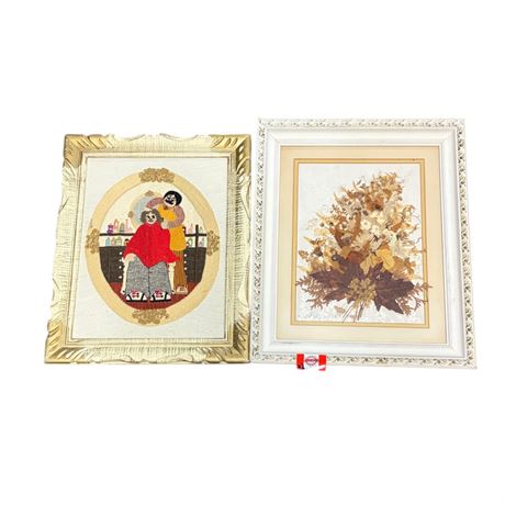 Vintage Framed Cross Stitch & Framed Dried Flower Art