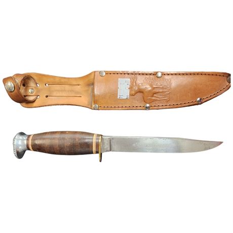 Vintage Premiere Knife With Embossed Leather Sheath With Deer Motif