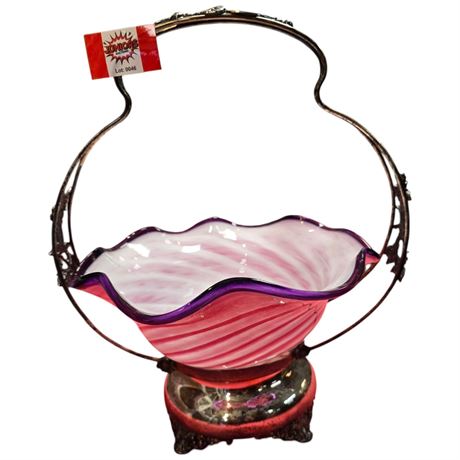 Vintage Wedding Basket With Hand Blown Glass Scallop Pink Swirl Bowl