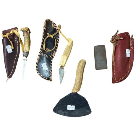 4 First Nations Antler Handled Tools, Scrapers & Knives With Leather Sheaths