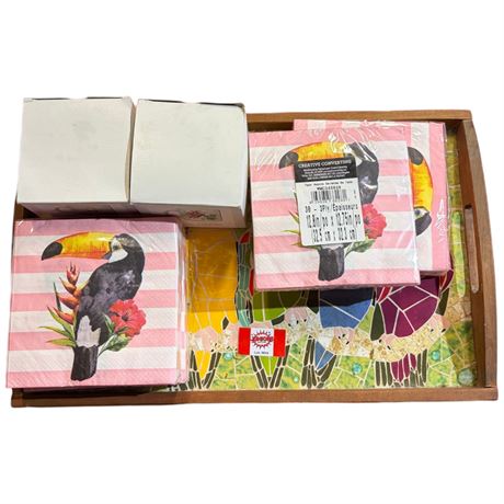 Mosaic Tile Parrot Tray With Parrot Napkins & Cups