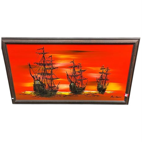 Original Avante Studios Oil Painting On Board Of 3 Ships At Sea