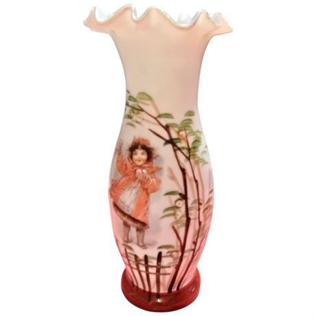 Early Hand Painted Bristol Glass Vase With Asian Motif