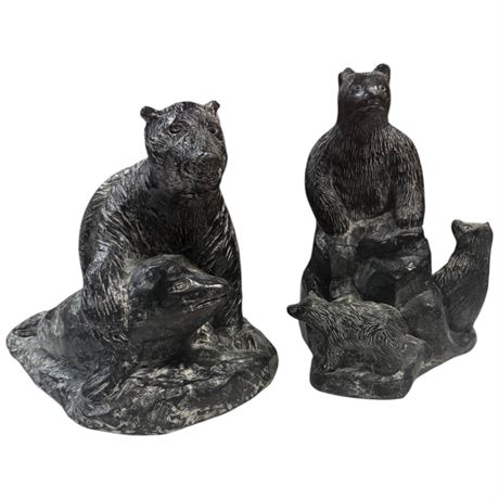 2 Large Hand Carved Bear Soapstone Sculptures