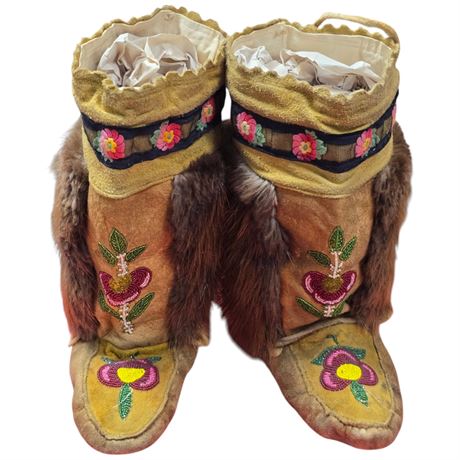 Pair Of First Nations Beaded & Embroidered Mukluks With Beaver Fur