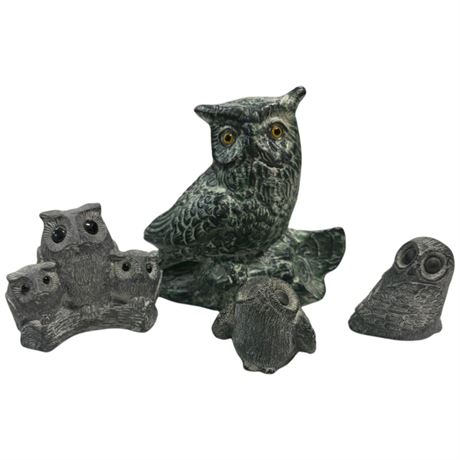 4 Hand Carved Owl Soapstone Sculptures