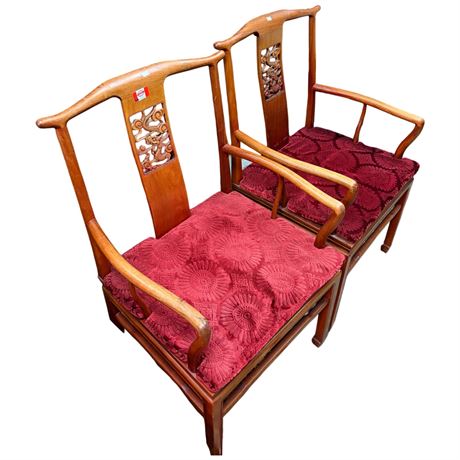 Pair Of Vintage Rosewood Carved Chinese Arm Chairs With Dragon Motif