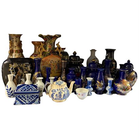 Large Assortment Of Porcelain Vases, Urns, Teapot With Asian Motifs