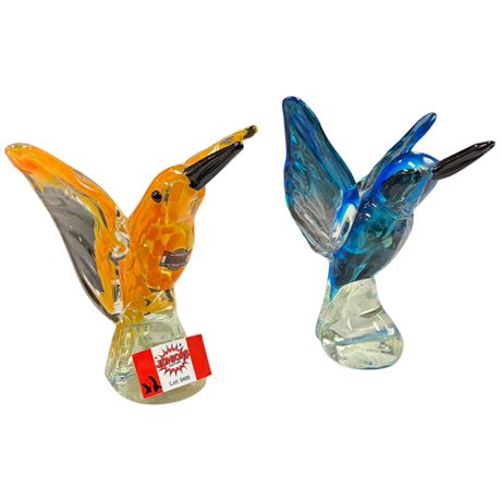 Pair Of Art Glass Humming Birds, 1 Murano