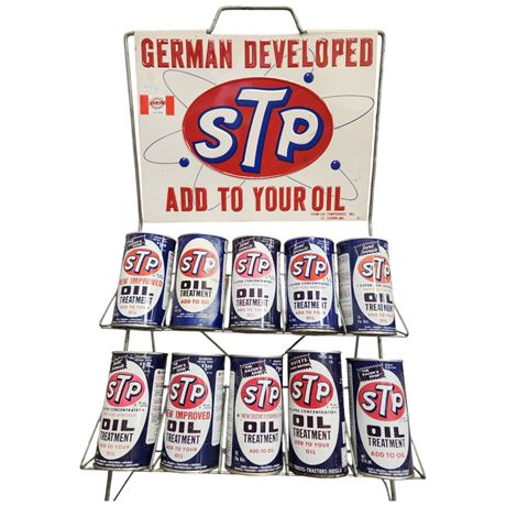 Vintage Stp Oil Rack, With 8 Full Stp Oil Cans