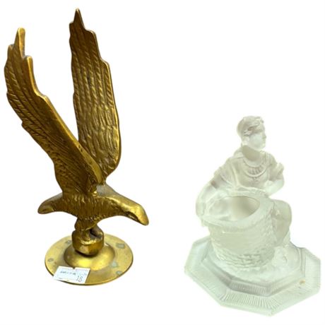 Brass Eagle Paper Weight & Frosted Glass Village Woman