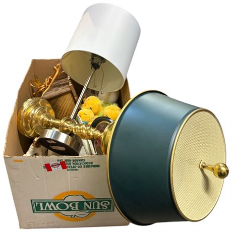Box Of Assorted Vintage Collectibles, Lamps, Pottery Houses, Musical Birds
