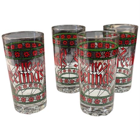 4 Vintage Libbey Stained Glass Seasons Greetings Tumbler Glasses