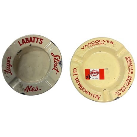 2 Vintage Porcelain On Steel Advertising Ashtrays, Labatts & Alliance Ware