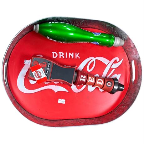 3 Beer Trays, Coca Cola Serving Tray & 2 Beer Taps