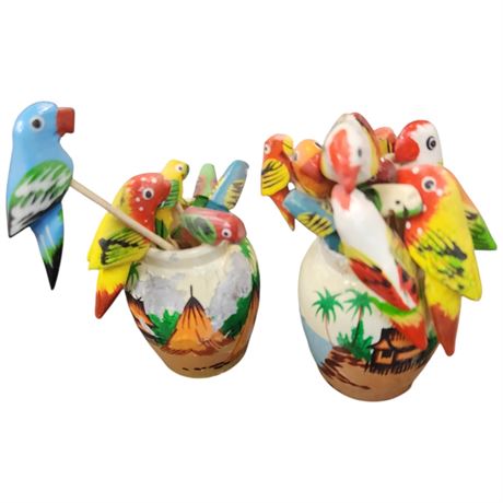 Vintage Hand Carved Hand Painted Parrot Cocktail Sticks