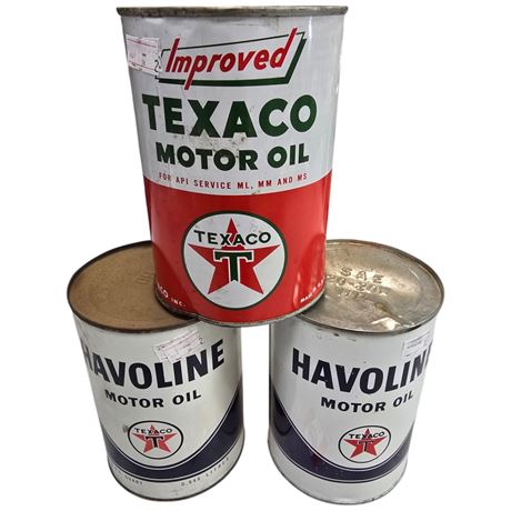 3 Vintage 1 Quart Oil Cans, Havoline & Texaco