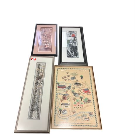 3 Framed Prints & Framed Cross Stitch Ontario Village