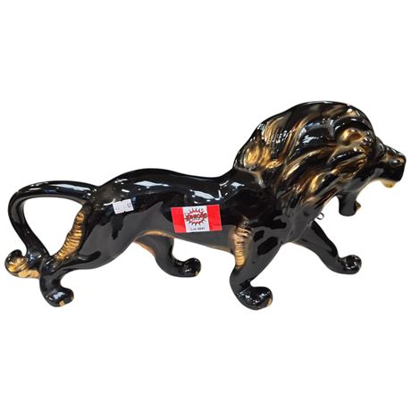 Mid Century Modern Porcelain Black & Gold Lion, With Emerald Stud Eyes