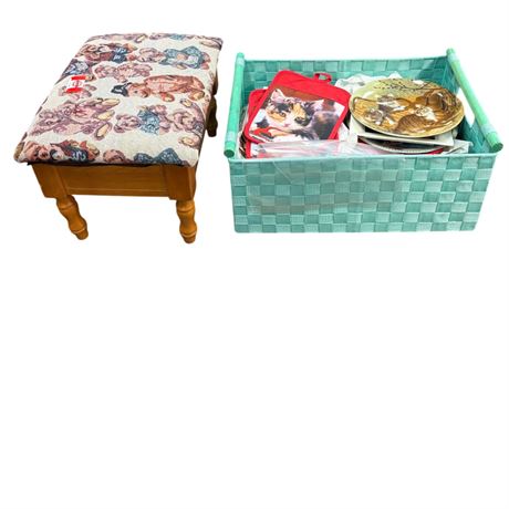 Box Full Of Collectible Cat Display Plates & Teddy Bear Stool