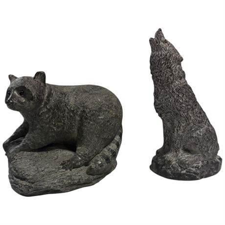 2 Hand Carved Soapstone Sculptures, Raccoon & Wolf