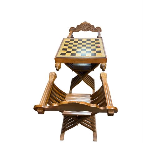 Renaissance Revival Savonarola Chess Set With Chairs, Table, And Chess Pieces
