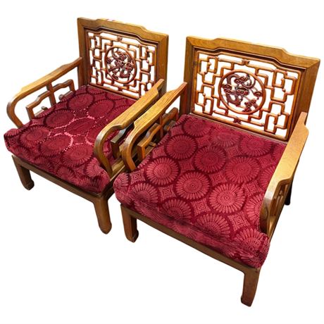 Pair Of Vintage Rosewood Carved Chinese Arm Chairs With Dragon Motif