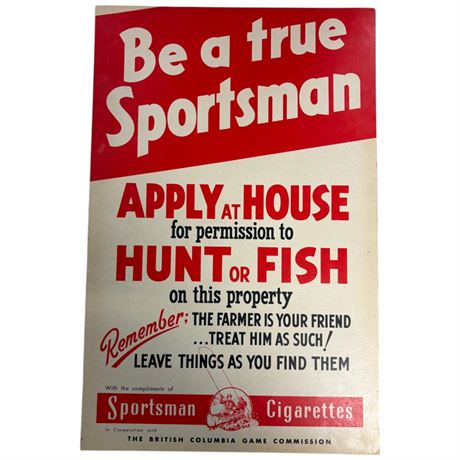 Vintage Sportsman Cigarettes B.C Game Commission Advertising Poster