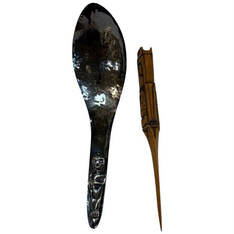 2 First Nations Utensils, Hammered Scoop & Wood Carved Raven Knife