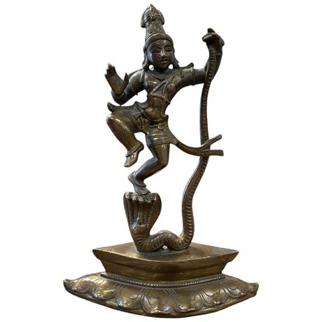 Vintage Brass Statue Of Krishna Dancing On Serpent Kaliya