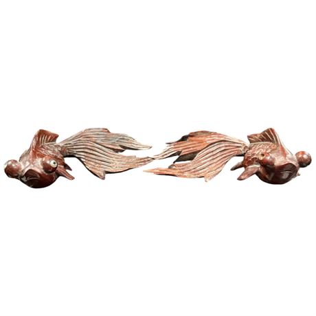 Pair Of Carved Wood Chinese Koi Fish, 1 Missing Eye
