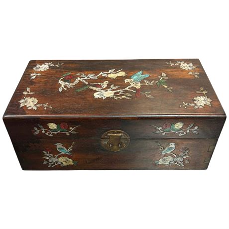 Vintage Asian Storage Box With Abalone Inlay & Original Lock, With Bird Motif