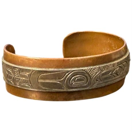 First Nations Copper And Silver Overlay Raven Stars Bracelet Signed Raw