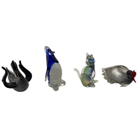 4 Art Glass Figurines, Cat & Birds