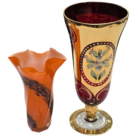 Murano 24K Gold Hand Painted Vase & Art Deco Art Glass Vase