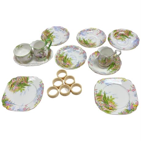 6 Carved Napkin Rings & Royal Albert Pieces