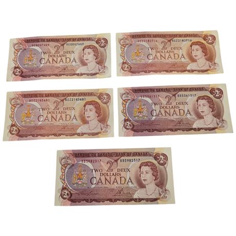5 Vintage Canadian Two Dollar Bills