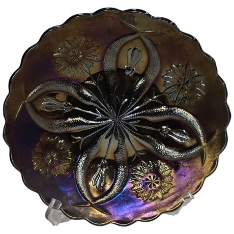 Rare Early Black Amethyst Carnival Glass "Four Flowers" Bowl